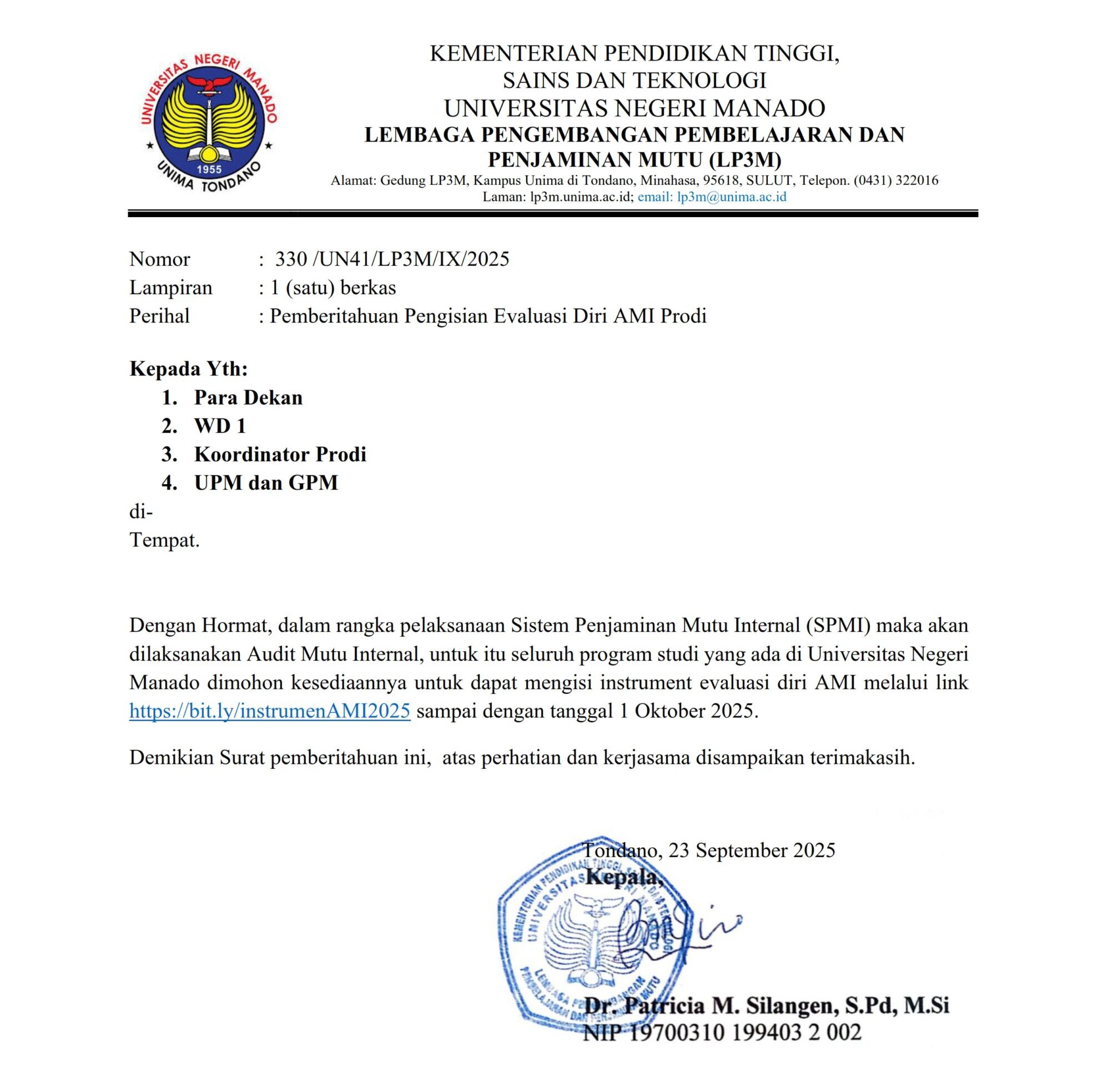 Read more about the article Pemberitahuan Pengisian Evaluasi Diri AMI Prodi​